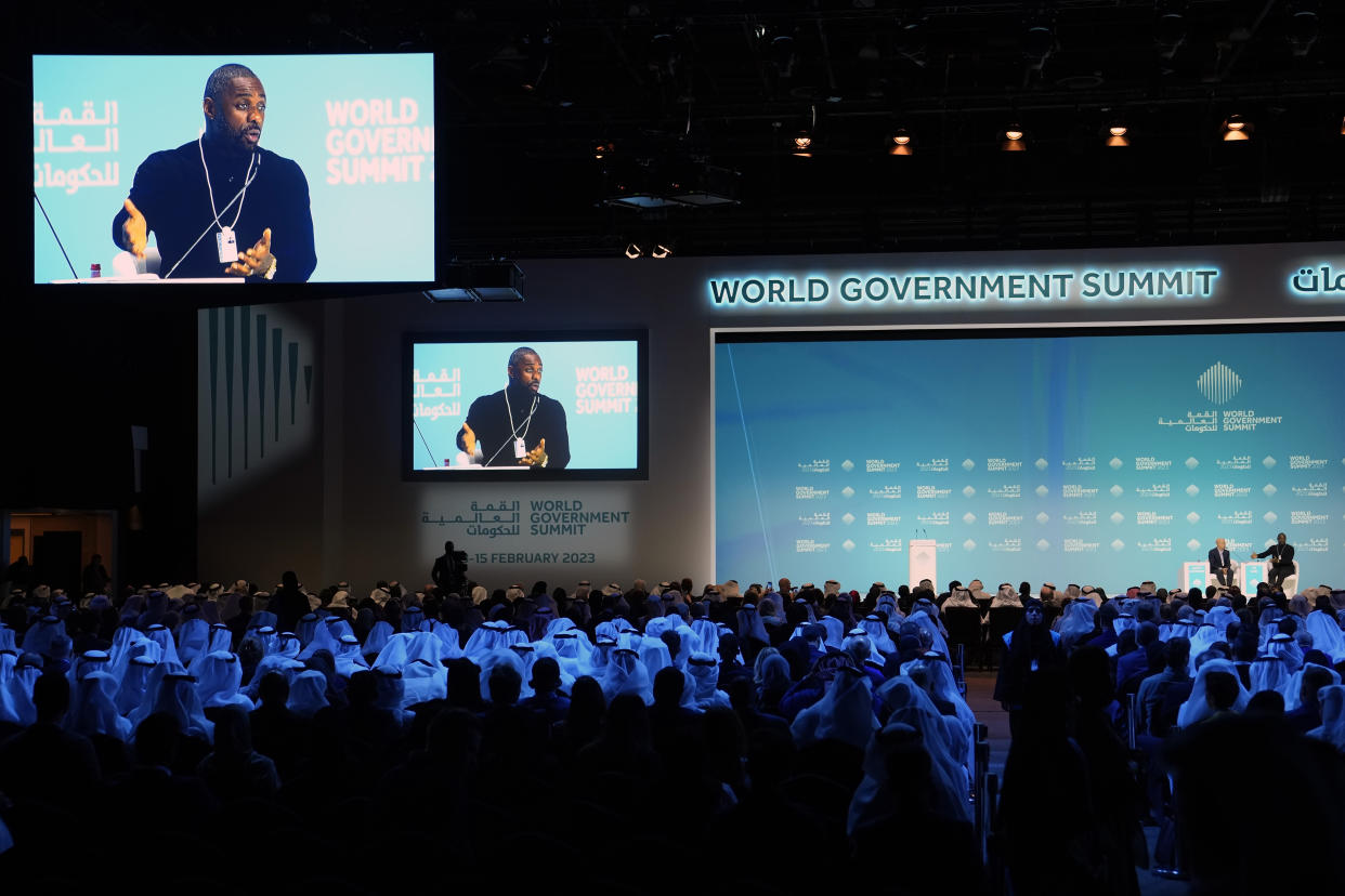 British actor Idris Elba talks during the World Government Summit in Dubai, United Arab Emirates, Tuesday, Feb. 14, 2023. While on stage, Elba brought up the persistent discussions about him taking over as Ian Fleming's famed British spy 007. (AP Photo/Kamran Jebreili)
