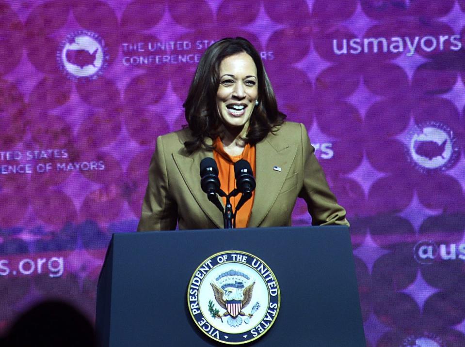 Vice President Kamala Harris speaks during the United States Conference of Mayors at the Peppermill Hotel Resort in Reno on June 3, 2022.