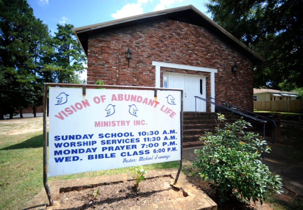 A small church pastored by Michael Jennings is shown in Sylacauga, Ala., on Monday, Aug. 29, 2022. Jennings was arrested while watering flowers at a neighbor’s home in nearby Childersburg in May, and his attorney now plans a lawsuit over the incident. (AP Photo/Jay Reeves)
