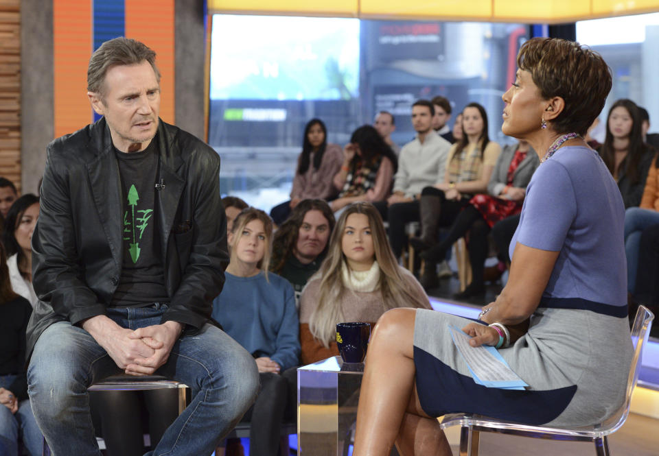 This image released by ABC shows Irish actor Liam Neeson, left, with co-host Robin Roberts on "Good Morning America," Tuesday, Feb. 5, 2019, in New York. The 66-year-old actor appeared on the morning program one day after he told an interviewer that he had violent thoughts about killing a black person after learning nearly 40 years ago that someone close to him had been raped. Neeson says he's not a racist. The actor, who was promoting the revenge film "Cold Pursuit," says we need to talk about these things because bigotry and racism exist. (Lorenzo Bevilaqua/ABC via AP)