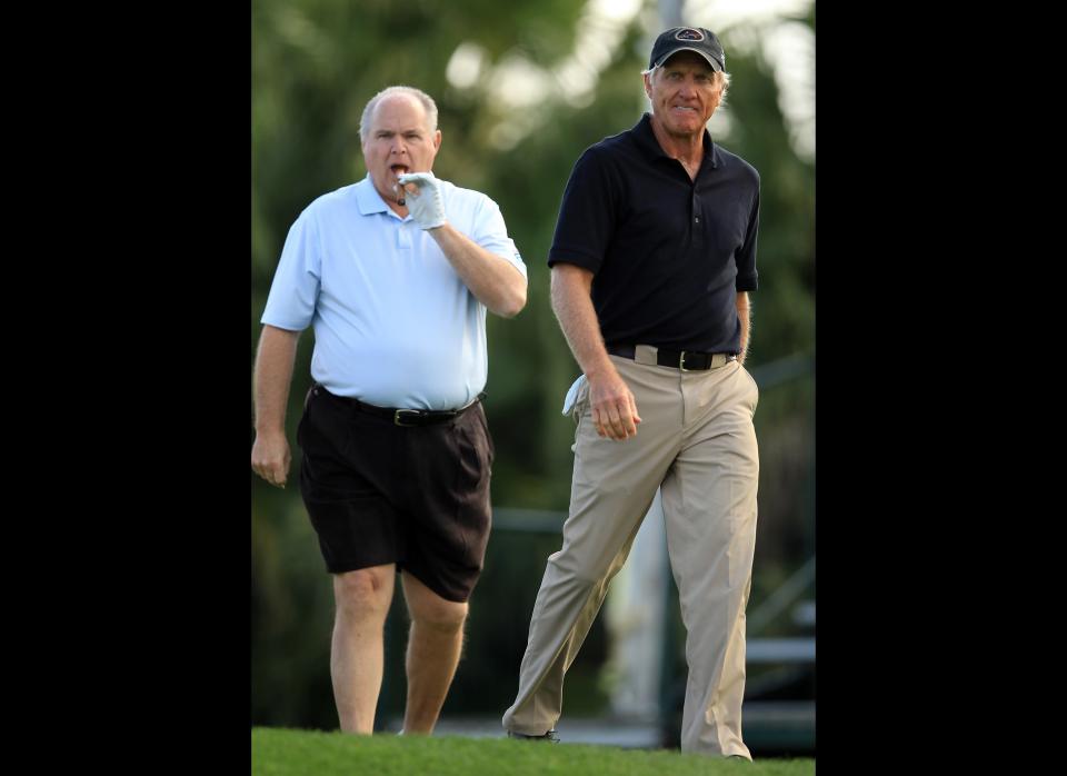 WEST PALM BEACH, FL - MARCH 12:  Rush Limbaugh of the USA the radio personality with Greg Norman of Australia during the Els for Autism Pro-am at The PGA National Golf Club on March 12, 2012 in West Palm Beach, Florida.  (Photo by David Cannon/Getty Images) 