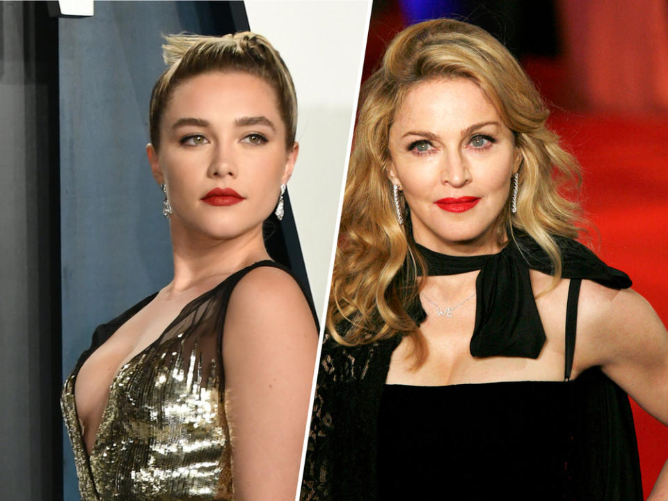 Schlüpft Florence Pugh (li.) in Madonnas Biopic in die Rolle der Queen of Pop? (Bild: [M] Birdie Thompson/AdMedia, StarMaxWorldwide/ImageCollect)