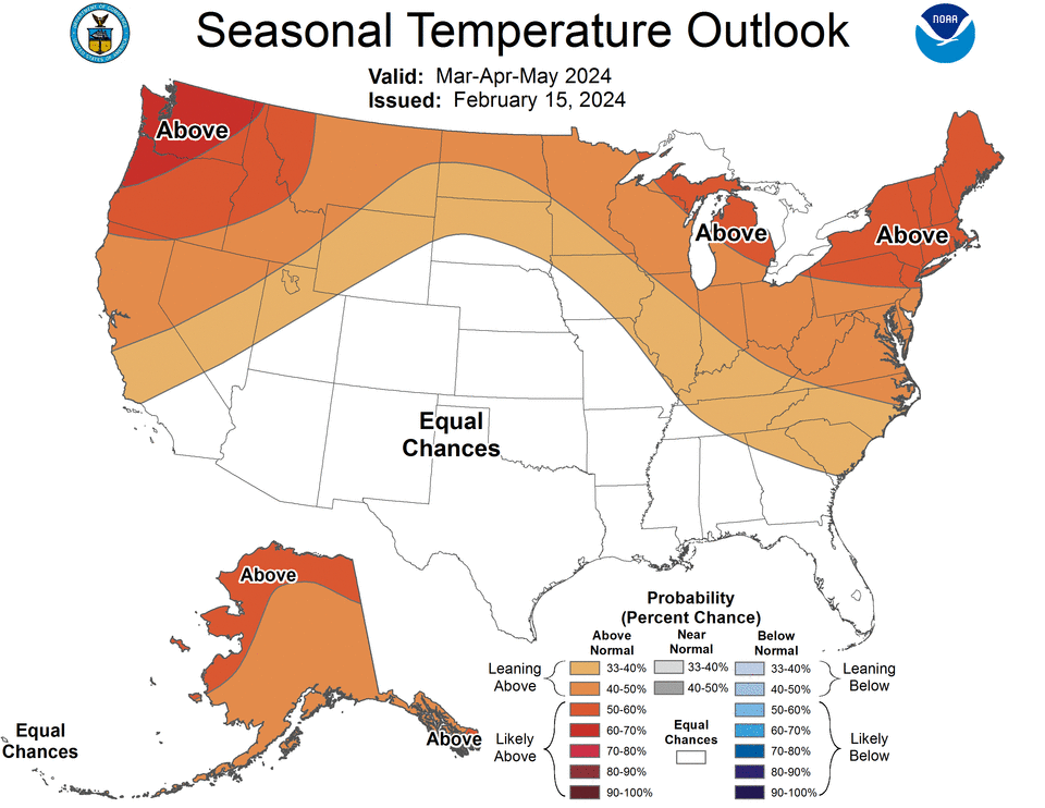 The National Oceanic and Atmospheric Administration released its seasonal precipitation and temperature outlook for the U.S.