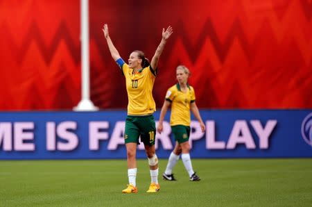 Jun 16, 2015; Edmonton, Alberta, CAN; Australia midfielder Emily Van Egmond (10) reacts after the game against Sweden in a Group D soccer match in the 2015 FIFA women's World Cup at Commonwealth Stadium. The match ended in a 1-1 draw. Mandatory Credit: Erich Schlegel-USA TODAY Sports