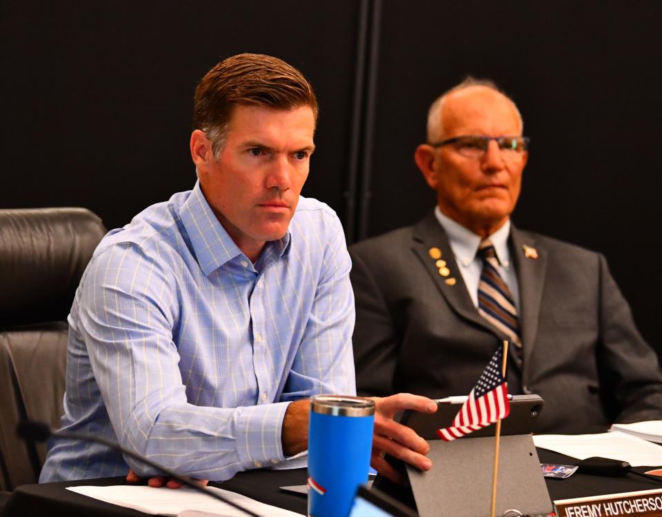 Cocoa Beach City Commissioners Jeremy Hutcherson (left) and Skip Williams during Thursday's meeting at the Cocoa Beach Country Club.