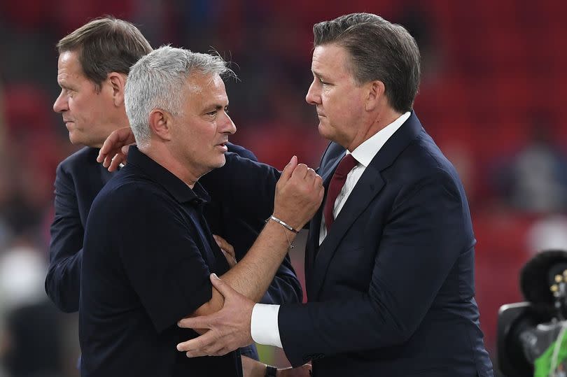 Jose Mourinho embraces Dan Friedkin after winning the Europa Conference League with AS Roma