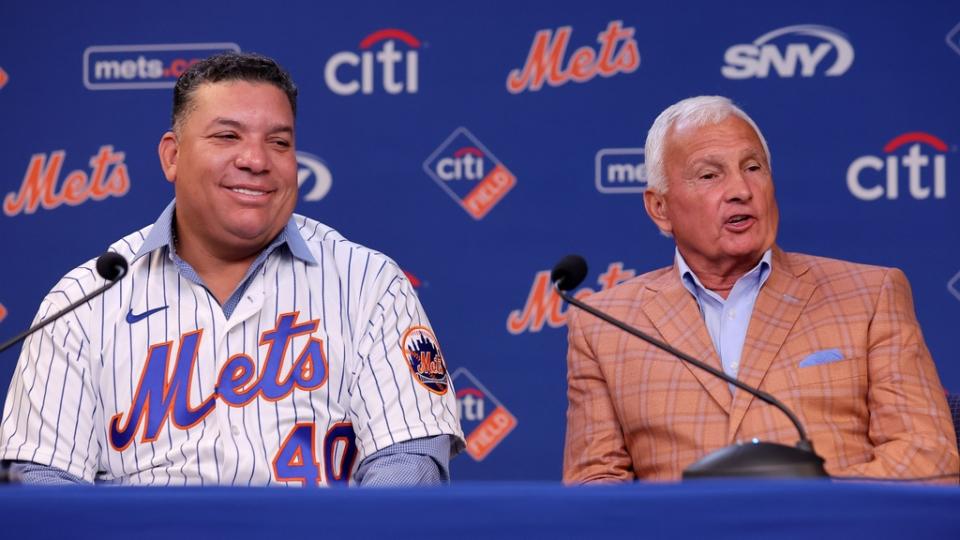 Sep 17, 2023; New York City, New York, USA; New York Mets former pitcher Bartolo Colon (left) and former manager Terry Collins speak to the media before Colon is honored by the Mets before a game against the Cincinnati Reds at Citi Field.