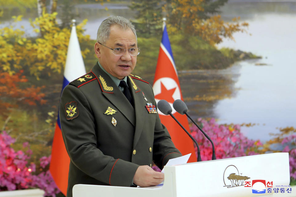 In this photo provided by the North Korean government, Russian Defense Minister Sergei Shoigu speaks at an event for the upcoming 70th anniversary of an armistice that halted fighting in the 1950-53 Korean War, in Pyongyang, North Korea, Wednesday, July 26, 2023. Independent journalists were not given access to cover the event depicted in this image distributed by the North Korean government. The content of this image is as provided and cannot be independently verified. Korean language watermark on image as provided by source reads: "KCNA" which is the abbreviation for Korean Central News Agency. (Korean Central News Agency/Korea News Service via AP)