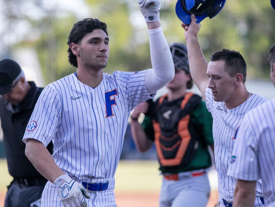 Florida's utility Jac Caglianone (14) with his 22nd homerun on the season against Florida A&M. Florida beat FAMU 17-7 in 7 innings of play, Tuesday, April 18, 2023, at Condron Family Baseball Park in Gainesville, Florida.
