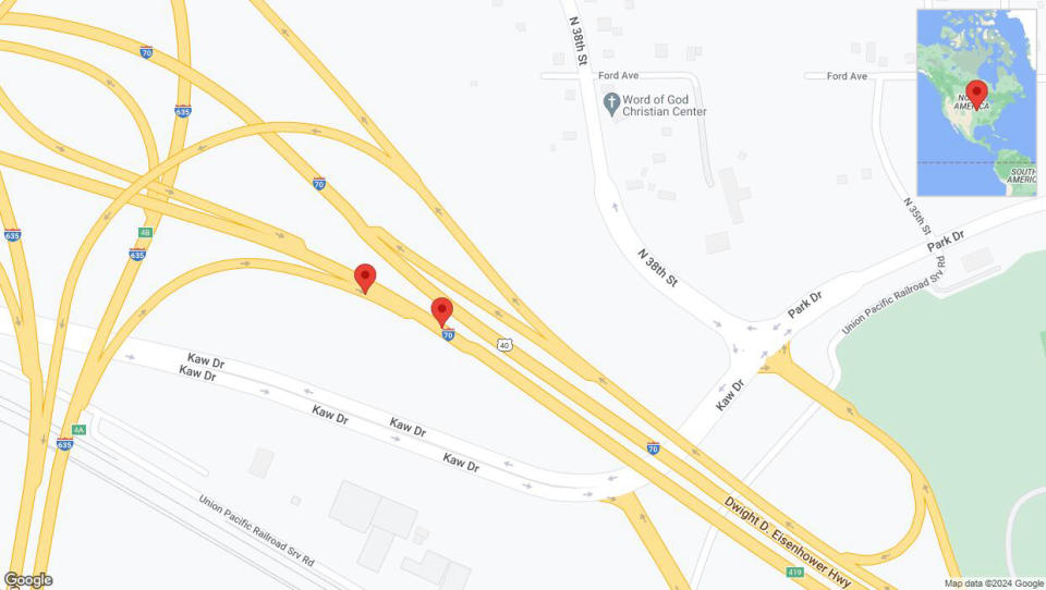 A detailed map that shows the affected road due to 'Broken down vehicle on the Kansas Turnpike in Kansas City' on January 3rd at 9:18 p.m.