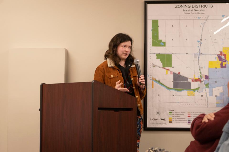 Marshall Township resident Izzy Todd gives remarks against site development during a special meeting regarding the Marshall mega site in Marshall Township on Thursday, Jan. 26, 2023.