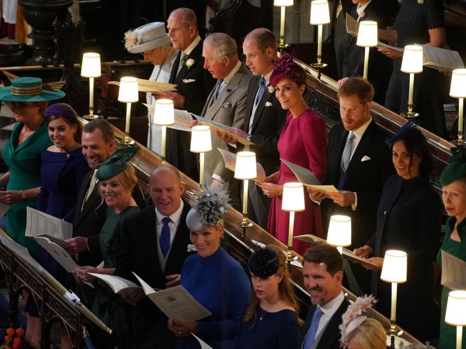 Sarah Ferguson (far left) at the wedding of her daughter Eugenie, and surrounded by fellow members of the royal family, in 2018 (Getty)