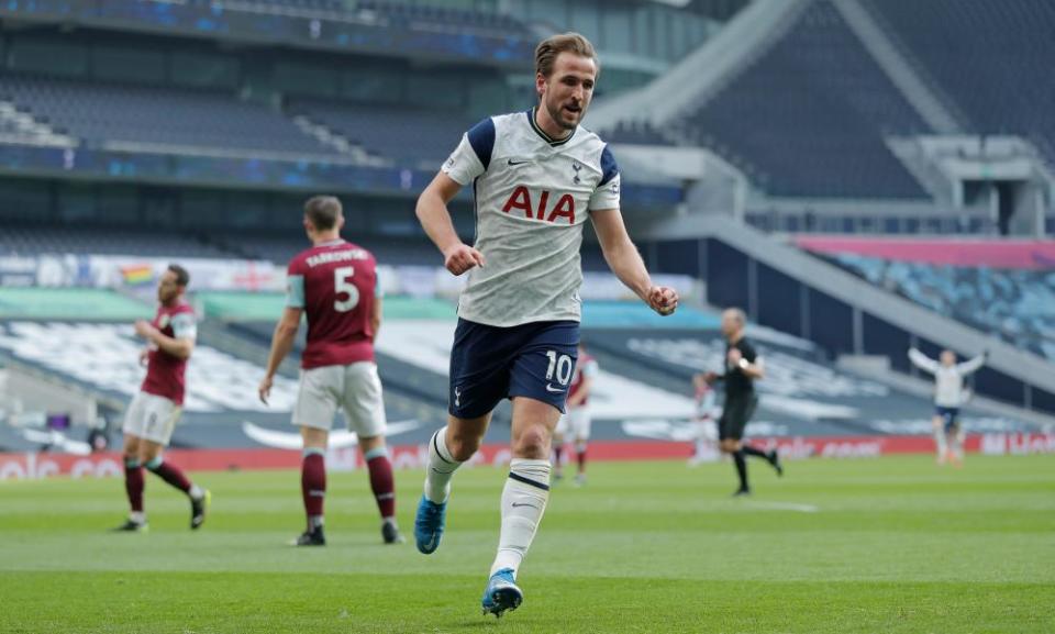 Harry Kane celebrates after scoring Spurs’ second.