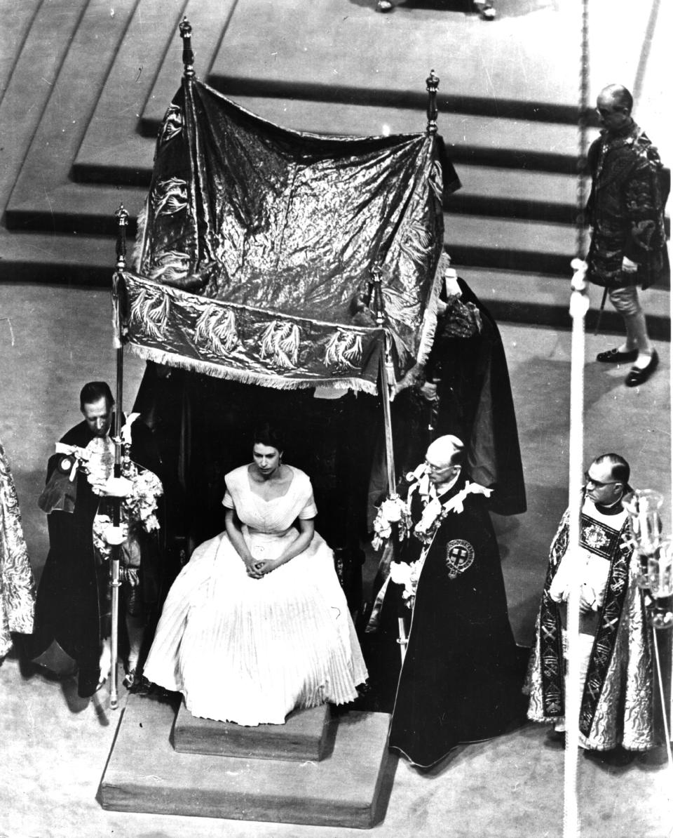 2nd June 1953:  The canopy is placed over the Queen for the anointing ceremony during her coronation.  (Photo by Keystone/Getty Images)