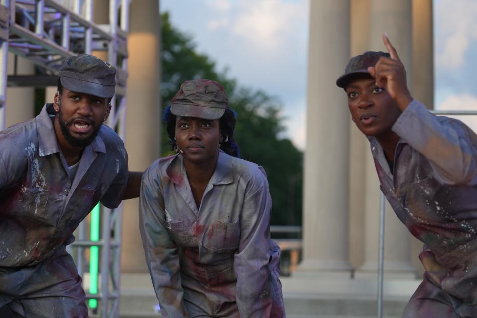 (From left) Kerrington Shorter, LaKesha Lorene, and Akili Ni Mali, perform during a dress rehearsal for "Ricky 3 — a hip-hop Shakespeare Richard III" at Taggart Memorial Amphitheater Tuesday, July 19, 2022, in Indianapolis.