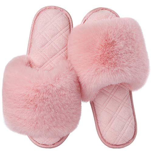 LongBay Women's Fuzzy Faux Fur Memroy Foam Flat Spa Slide Slippers Open Toe  House Shoes Sandals (Small / 5-6, Black) : : Clothing, Shoes &  Accessories