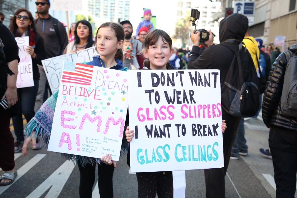 <p>People took to the streets of downtown Los Angeles for the<br> Women’s March rally in Los Angeles, Calif., Jan. 20, 2018. (Photo: Chelsea Lauren/REX/Shutterstock) </p>