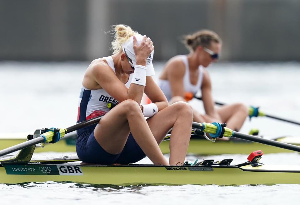 Great Britain’s Victoria Thornley reacts after finishing fourth in the women’s single sculls (Mike Egerton/PA) (PA Wire)