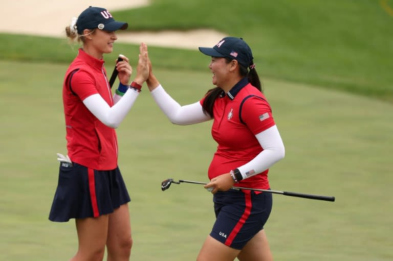 The Americans Allisen Corpuz (right) and Nelly Korda celebrate their victory in the foursome match in the opening round of the 19th Solheim Cup (Scott Taetsch)