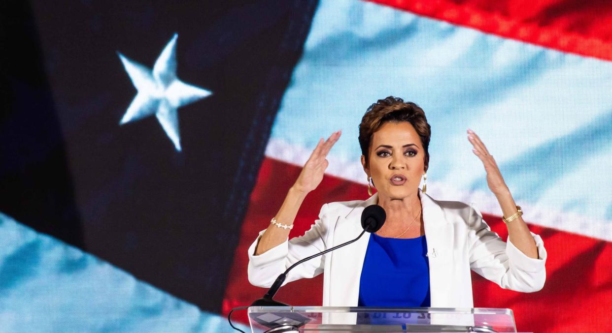 Kari Lake formally announces her bid for the U.S. Senate during an announcement rally at Jetset Magazine in Scottsdale on Oct. 10, 2023.