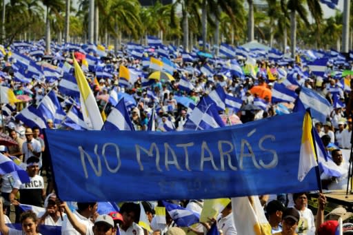 "You shall not kill" reads a banner carried by demonstrators marching peacefully through Nicaragua's capital to demand justice after the brutal repression of a wave of protests left 43 dead