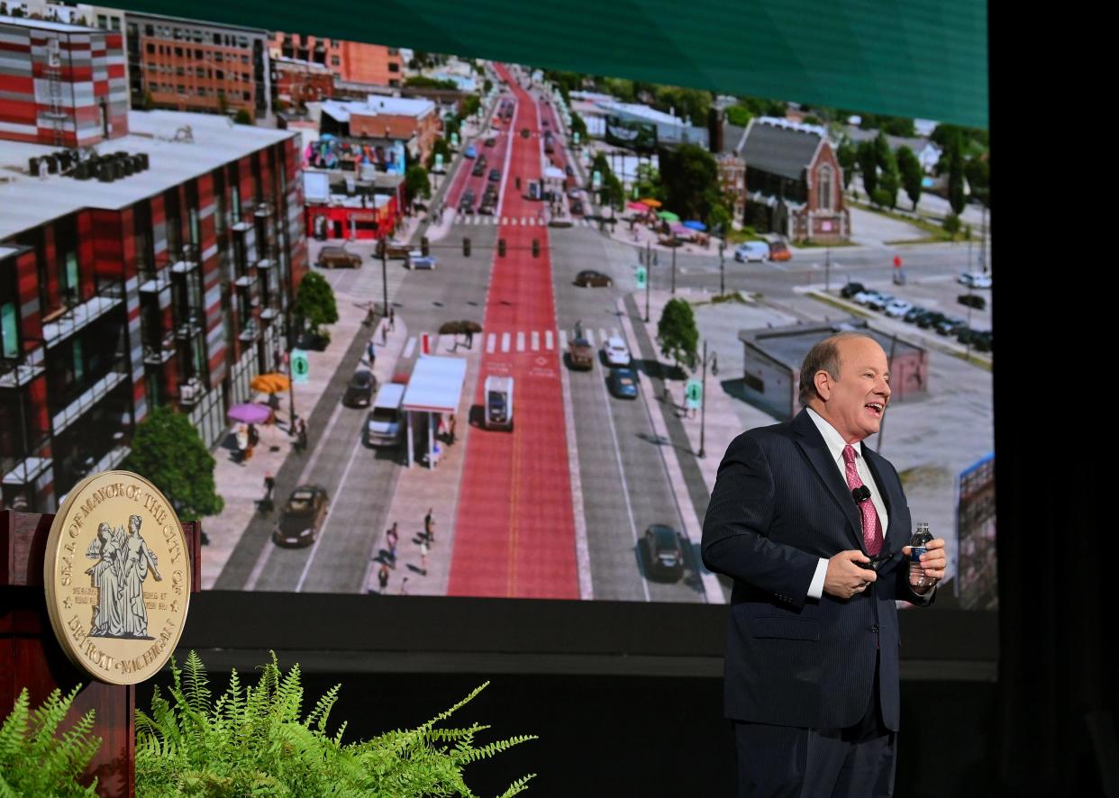 Detroit Mayor Mike Duggan talks about putting an autonomous driving vehicle lane on Michigan Avenue while delivering the State of the City address at the Michigan Central Depot, in Detroit, March 7, 2023.  