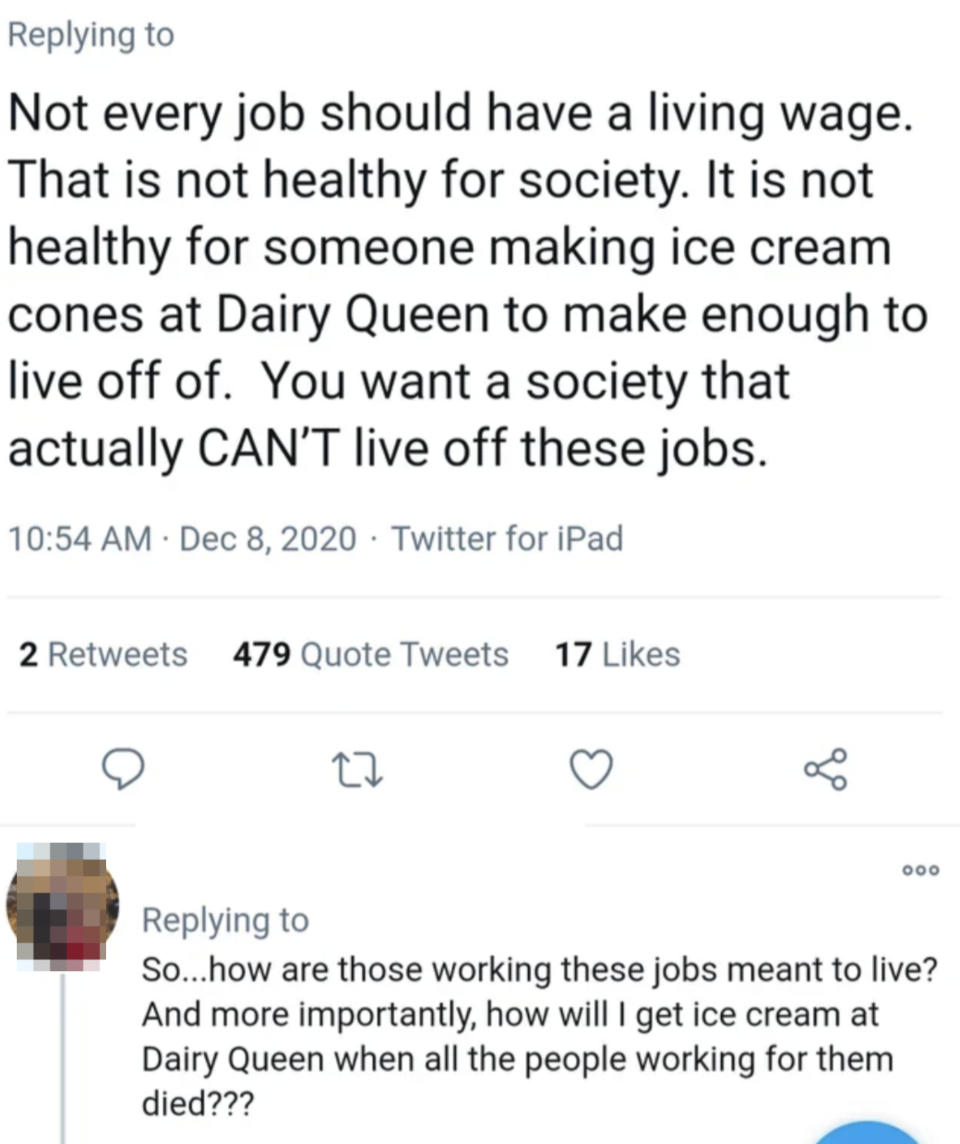 A Twitter conversation highlighting the disparity between a living wage and jobs like ice cream making, with one user questioning the necessity for such jobs