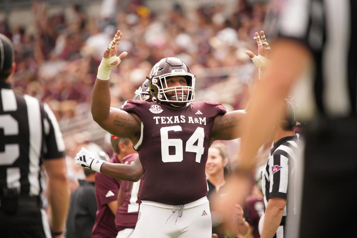 Texas A&M Aggies offensive lineman Layden Robinson was drafted by the New England Patriots in the fourth round of the NFL Draft on Saturday.