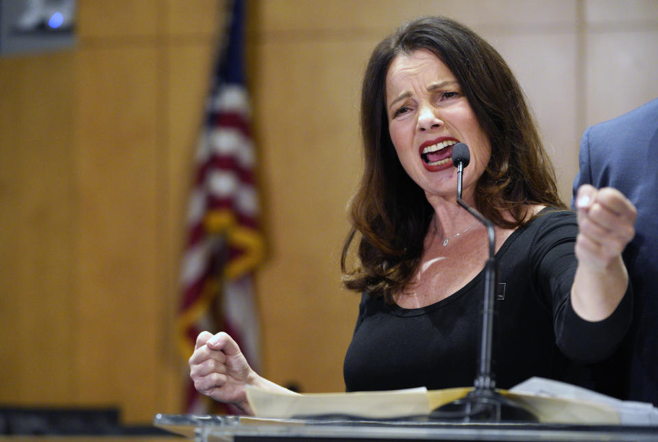 SAG-AFTRA President Fran Drescher describes negotiations during a news conference at the SAG-AFTRA offices in Los Angeles on Friday, Nov. 10, 2023. (AP Photo/Richard Vogel)