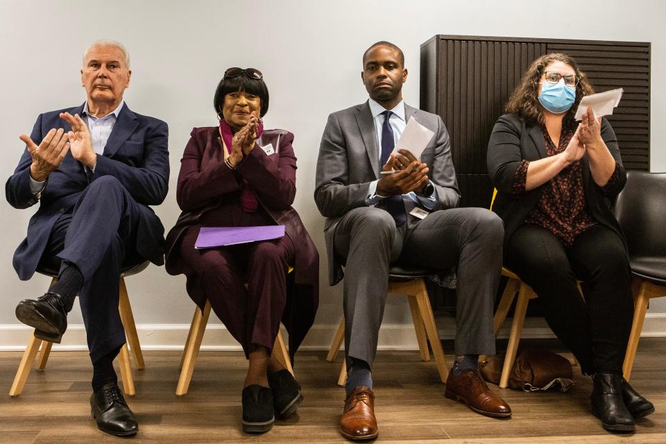 From left, Mayor Michael Purzycki; State Representative Stephanie Bolden; Director, Delaware State Housing Authority Eugene Young; and Executive Director, Housing Alliance Delaware Rachel Stucker react to a remarks by Director, Delaware State Housing Authority Eugene Young at the grand opening of the affordable housing complex, the Quaker Arts apartment complex, in Wilmington, Wednesday, March 8, 2023. 