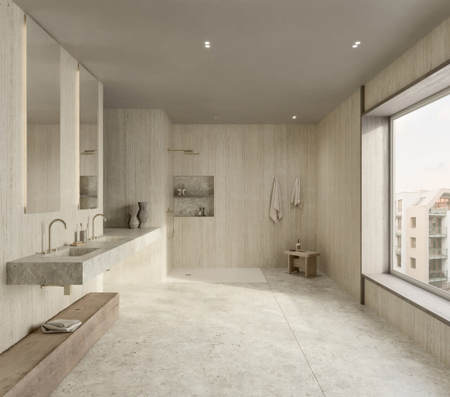 <p>A double-sink vanity in a bathroom with no shower door.</p><p>Cosentino</p>