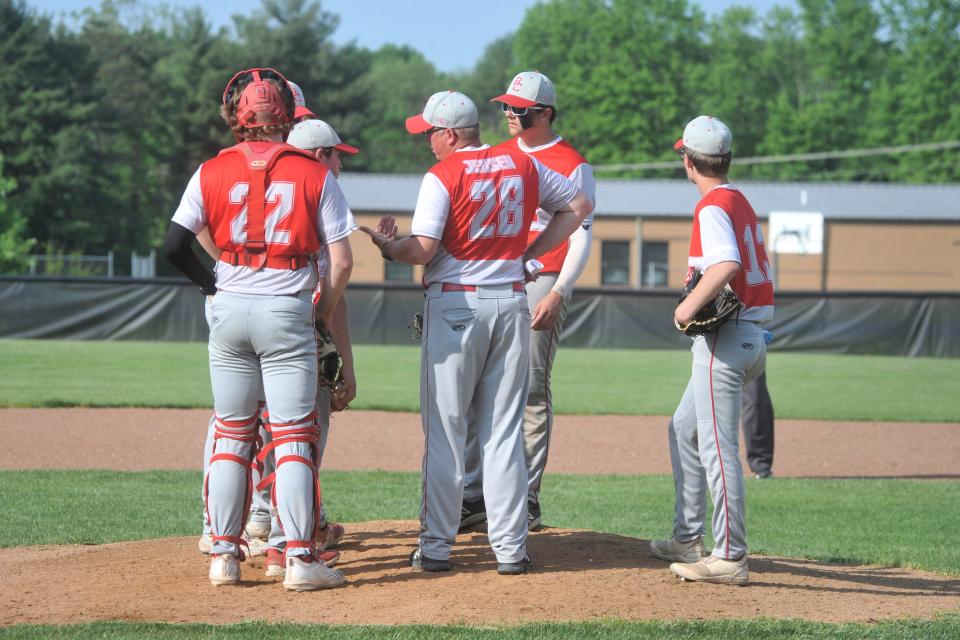 Buckeye Central coach Chad Jensen talks to his infield.