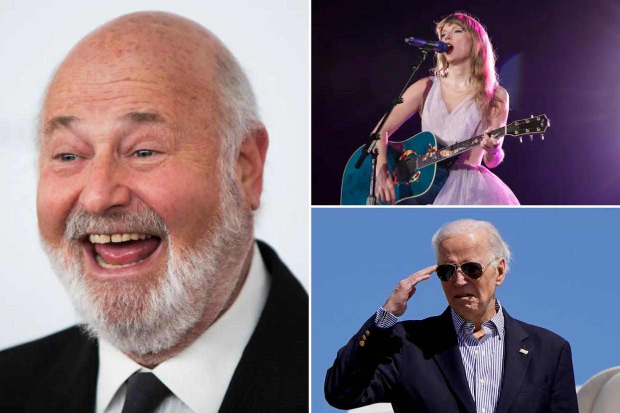 A collage featuring celebrities Rob Reiner, Joe Biden, and Taylor Swift