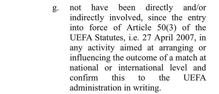 El reglamento de UEFA estipula que para que un club participe en sus torneos “no debe haberse involucrado de manera directa o indirecta en ninguna actividad con el objetivo de arreglar o influenciar en el resultado de un partido en el ámbito nacional o internacional”.