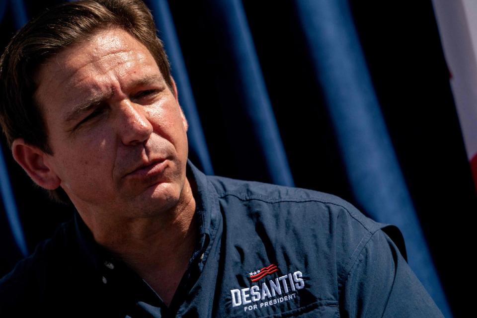 Florida Governor and 2024 Presidential hopeful Ron DeSantis participates in a Fair Side Chat with Governor Kim Reynolds, at the Iowa State Fair (AFP via Getty Images)