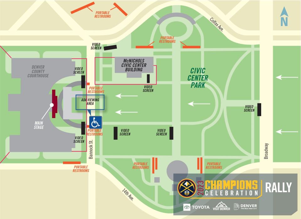 A map shows the location of the Denver Nuggets NBA Championship celebration rally in Civic Center Park on Thursday, June 15.