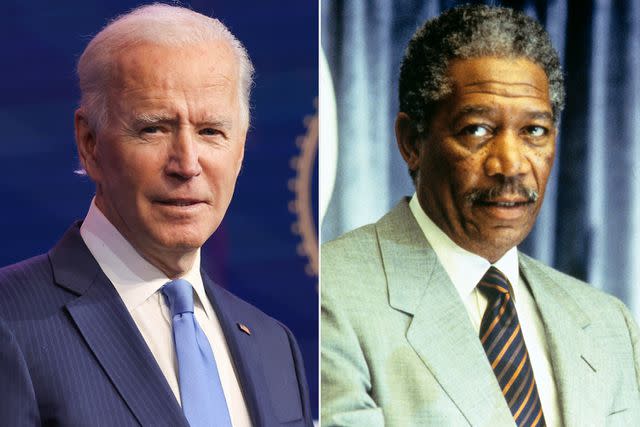 <p>Chip Somodevilla/Getty; Everett</p> President Joe Biden; Morgan Freeman in 'Deep Impact'