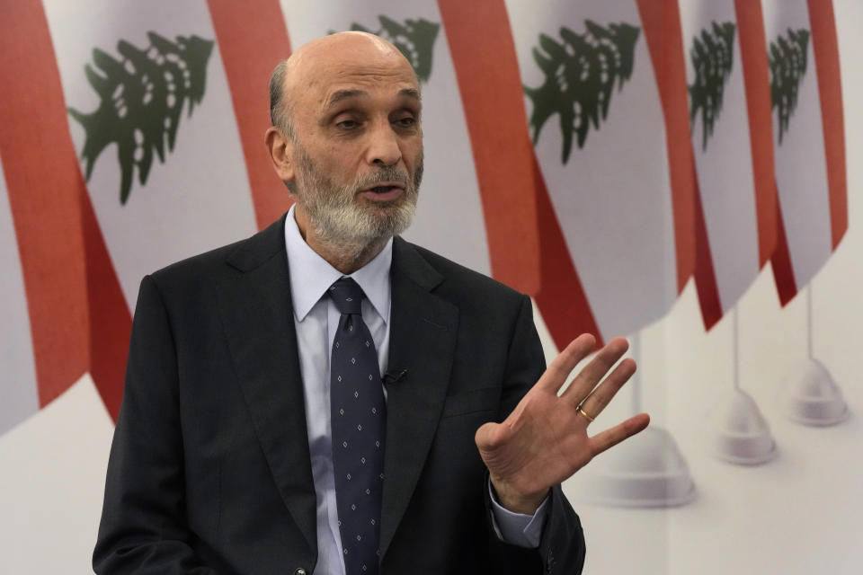 Samir Geagea, leader of the Christian Lebanese Forces party, gestures as he speaks during an interview with the Associated Press, in Maarab east of Beirut, Tuesday, April 30, 2024. Geagea blasted the Shiite militant group Hezbollah for opening a front with Israel to back up its ally Hamas, saying it has harmed Lebanon without making a dent in Israel's crushing offensive in the Gaza Strip. (AP Photo/Hussein Malla)