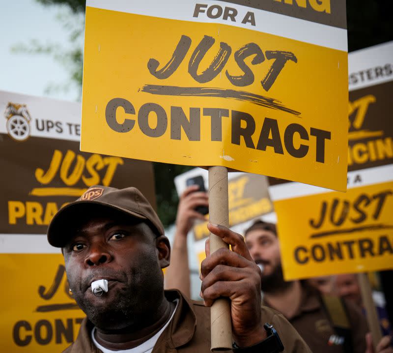 UPS Teamsters picket ahead of an upcoming possible strike in Brooklyn, New York