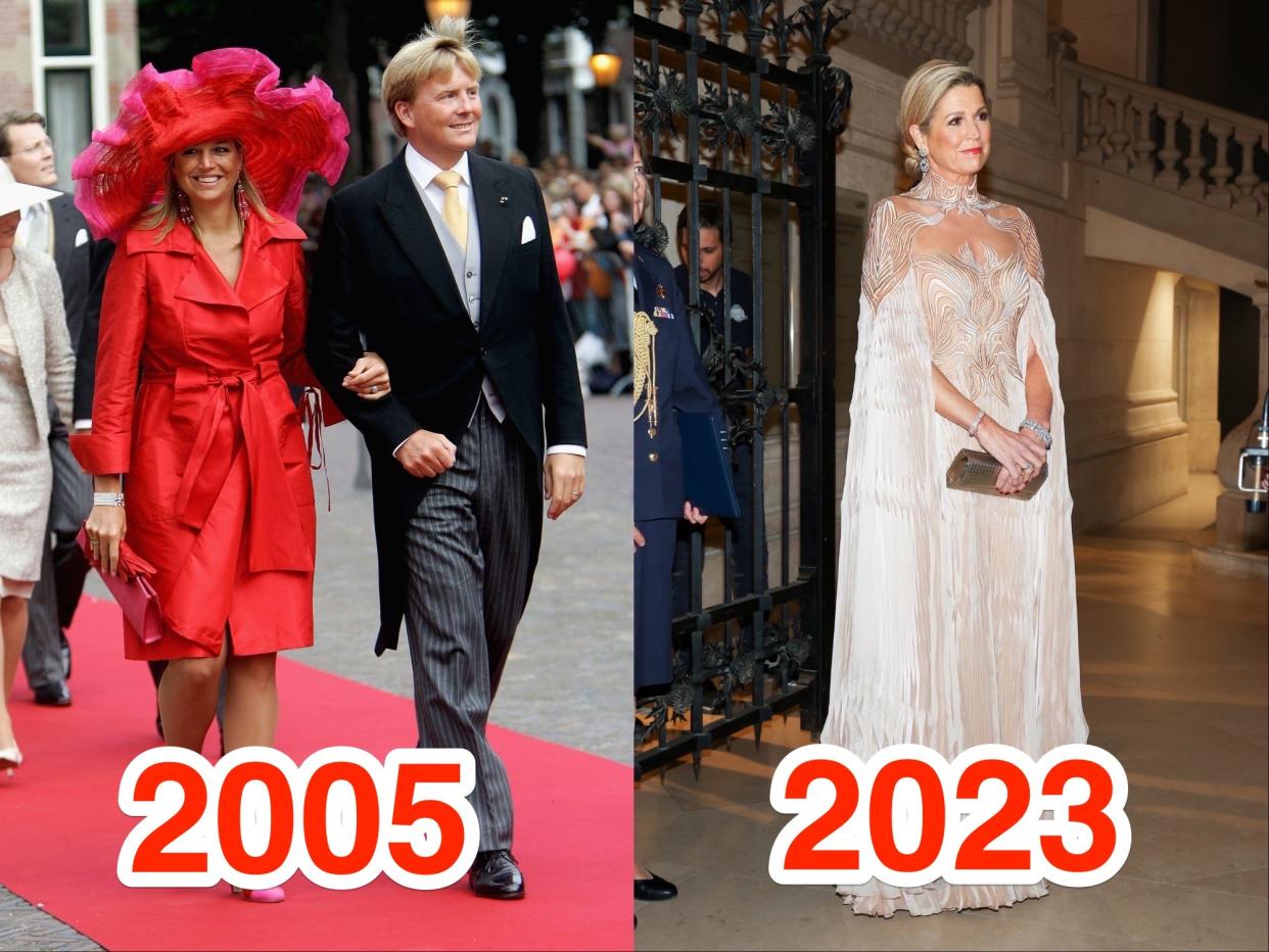 Queen Maxima of the Netherlands photographed in 2005, left, and in 2023, right