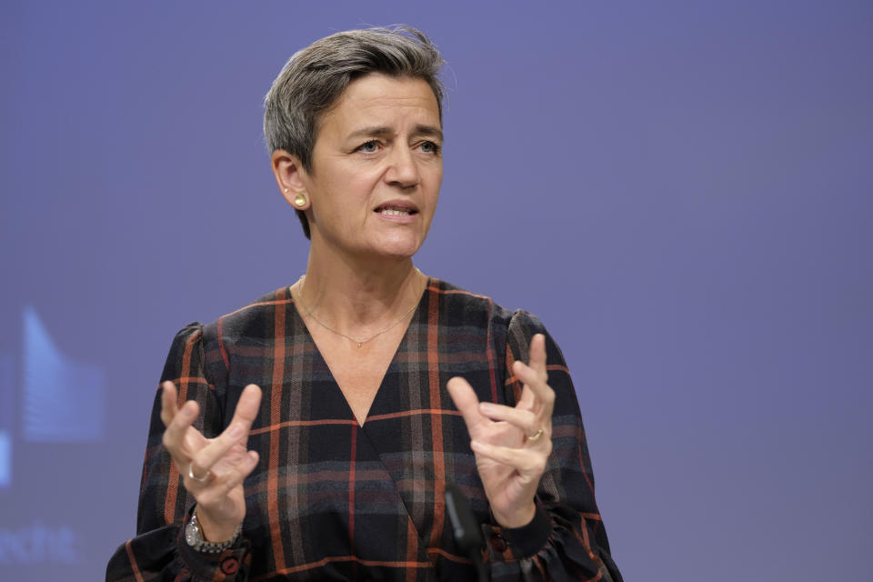 BRUSSELS, BELGIUM - OCTOBER 7: EU Commissioner for A Europe Fit for the Digital Age - Executive Vice President Margrethe Vestager is talking to media about 'commitments by Broadcom to ensure competition in chipset markets for modems and set-top boxes' in the Berlaymont, the EU Commission headquarter on October 7, 2020, in Brussels, Belgium. M. Vestager said: 'Today's decision legally binds Broadcom to respect the commitments. They will ensure that existing chipset makers competing with Broadcom and potential new entrants will be able to compete on the merits. Producers of set-top-boxes and Internet modems, telecom and cable operators and ultimately consumers will benefit from competition between chipmakers in terms of lower prices and more innovative products.' (Photo by Thierry Monasse/Getty Images)