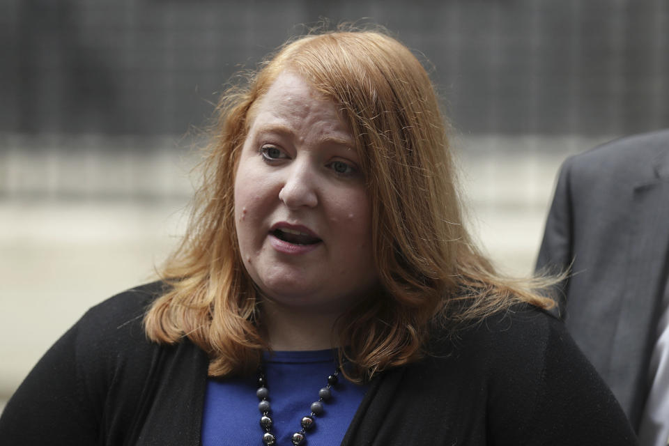 Leader of the Alliance Party of Northern Ireland Naomi Long speaks to the press after leaving following a meeting with Britain's Prime Minister Theresa May at 10 Downing Street in London, Thursday June 15, 2017. The Prime Minster is meeting with Northern Ireland's five main parties as talks continue between the Conservatives and the DUP about an agreement to support a minority Conservative government. (AP Photo/Tim Ireland)