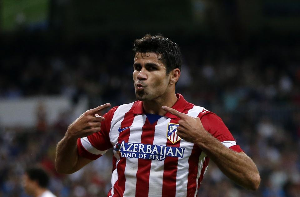 Atletico Madrid's Costa celebrates his goal during their Spanish first division soccer match against Real Madrid at Santiago Bernabeu stadium in Madrid