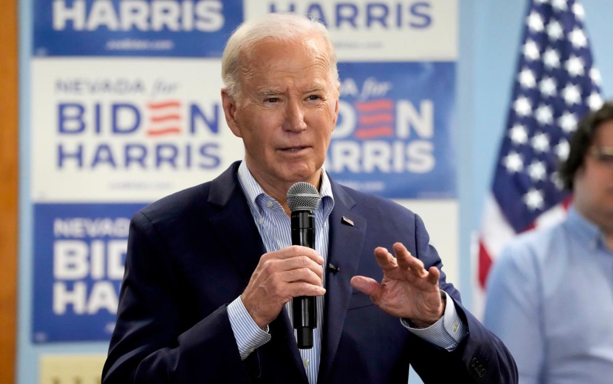 President Joe Biden speaks at the Washoe Democratic Party Office in Reno, Nevada March 19