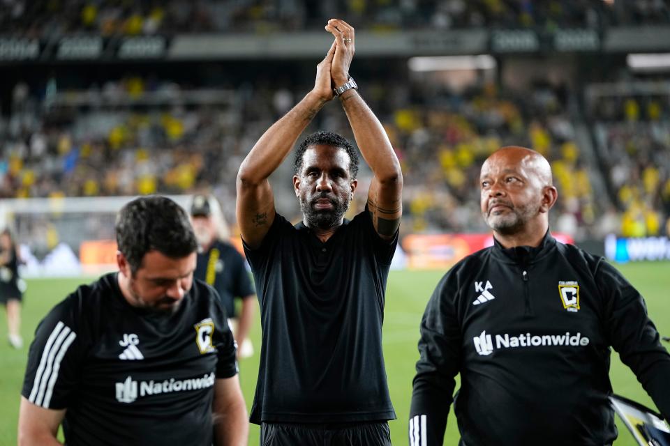 Crew coach Wilfried Nancy applauds the fans following a game against the New York Red Bulls on July 1.