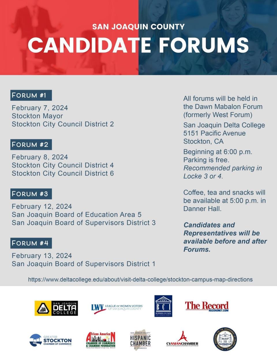 Flyer for San Joaquin Delta College's 2024 candidate forums.