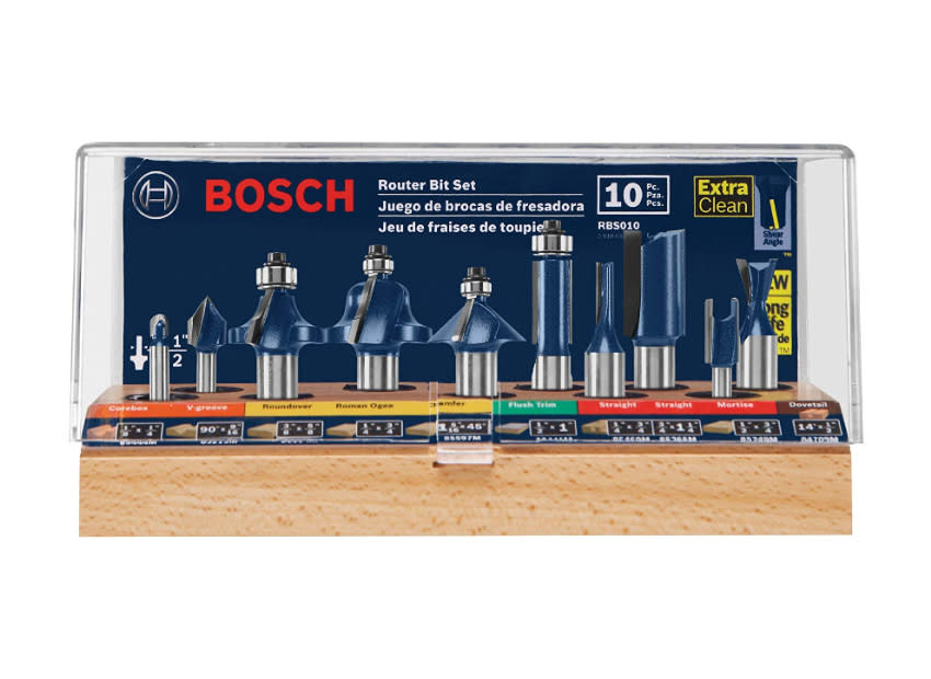 Bosch RBS010 1/2-Inch and 1/4-Inch Shank Carbide-Tipped All-Purpose Professional Router Bit Set, 10-Piece. (Photo: Amazon)