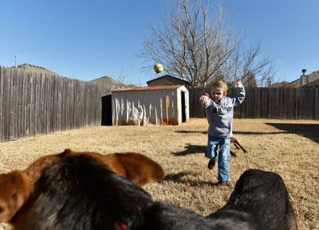 Stephanie Oakley's son, who suffers from a rare form of cancer, plays fetch with his dog at his family's new home in Oklahoma City, Oklahoma, U.S. November 26, 2018. REUTERS/Nick Oxford