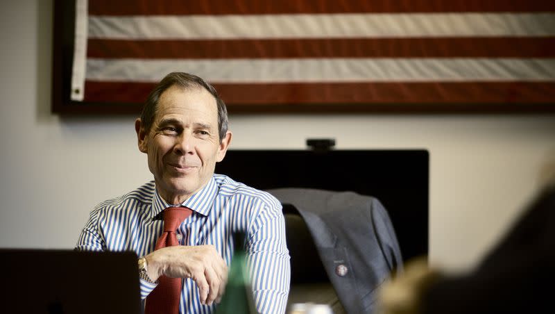 U.S. Rep. John Curtis, R-Utah, sits in a meeting with directors of the Conservative Climate Caucus on Capitol Hill in Washington, D.C., on Tuesday, March 28, 2023.