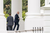 President Joe Biden arrives at the White House in Washington, Monday, April 25, 2022, after spending the weekend in Wilmington, Del. (AP Photo/Andrew Harnik)